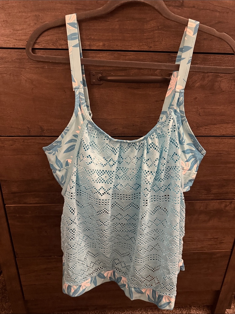 Light Blue Crochet-Overlay Women's Bikini Tankini Top with Bottoms.
